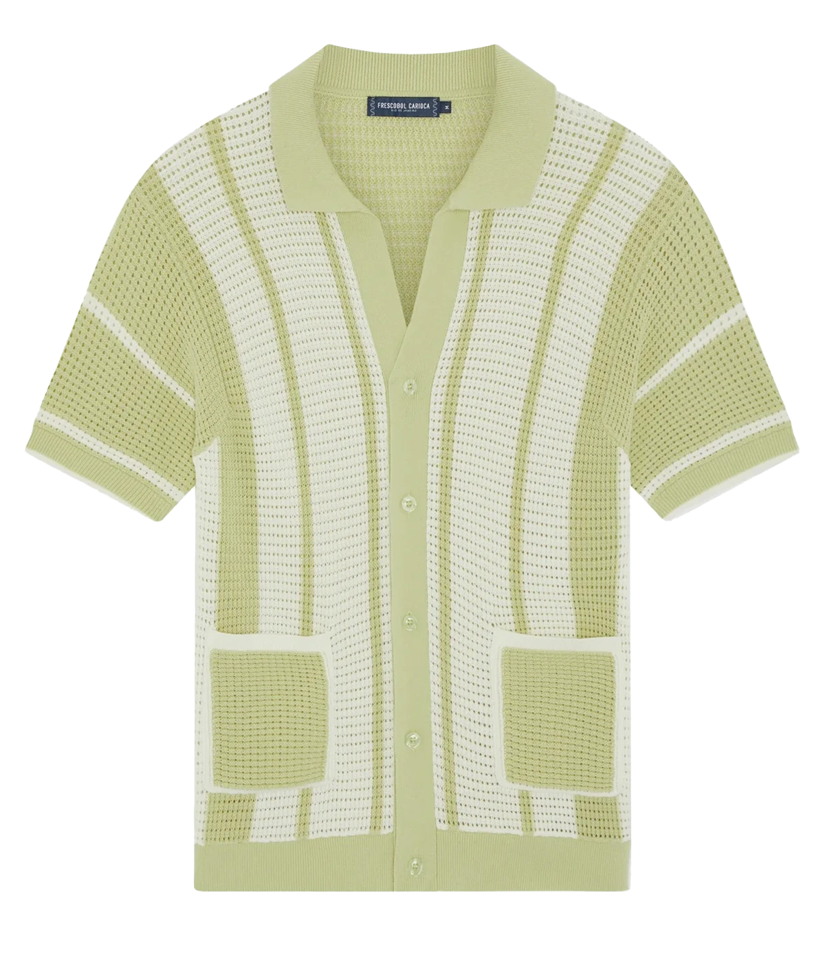 Fabricio Cardigan in 100% cotton with a pointelle knit and striped design. Featuring a relaxed fit, open collar, button-up front with branded mother-of-pearl buttons, front patch pockets, and ribbed hem and cuffs.