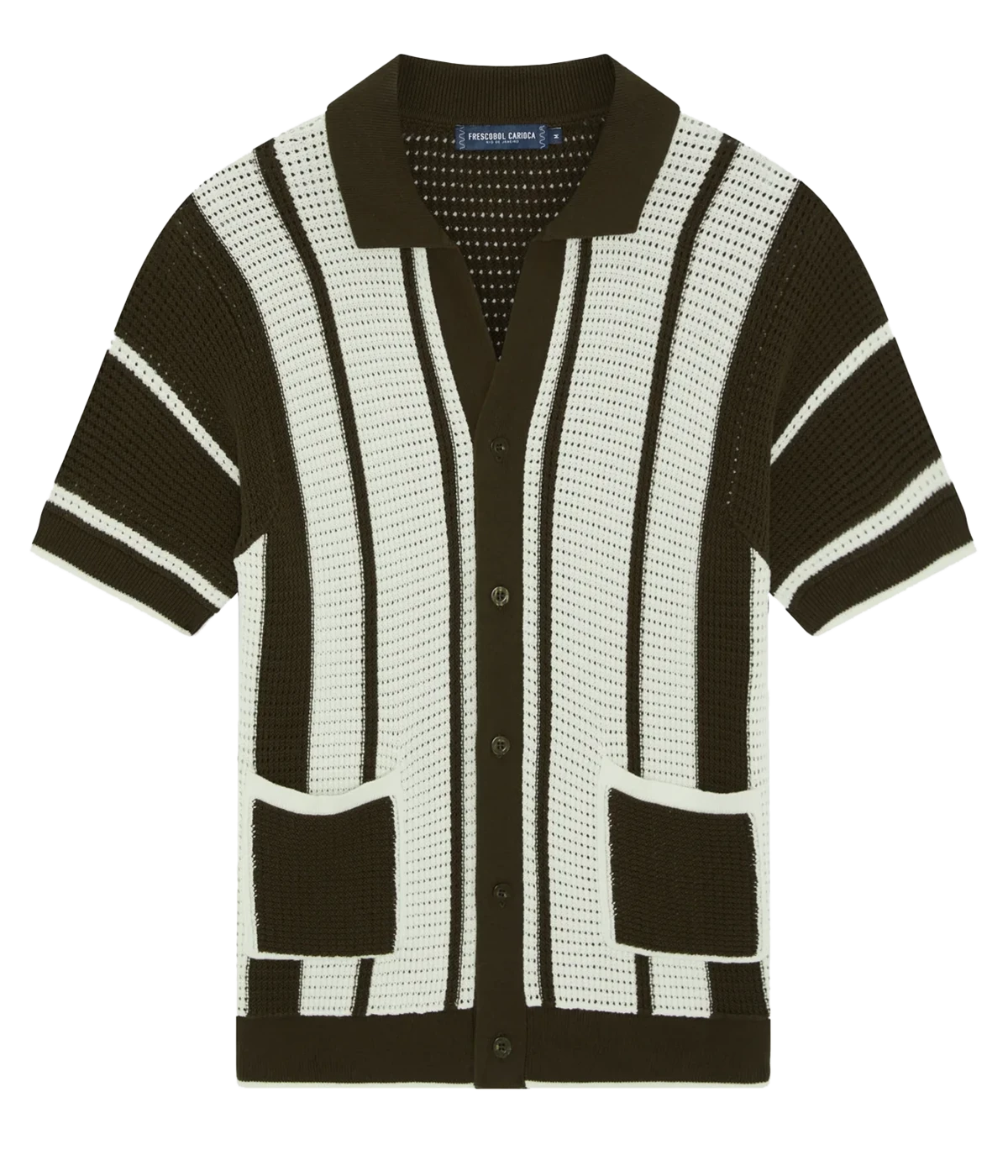 Fabricio Cardigan in 100% cotton with a pointelle knit and striped design. Featuring a relaxed fit, open collar, button-up front with branded mother-of-pearl buttons, front patch pockets, and ribbed hem and cuffs.