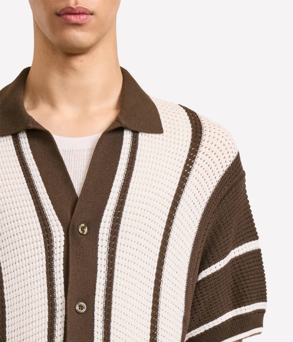 Fabricio Cardigan in 100% cotton with a pointelle knit and striped design. Featuring a relaxed fit, open collar, button-up front with branded mother-of-pearl buttons, front patch pockets, and ribbed hem and cuffs.