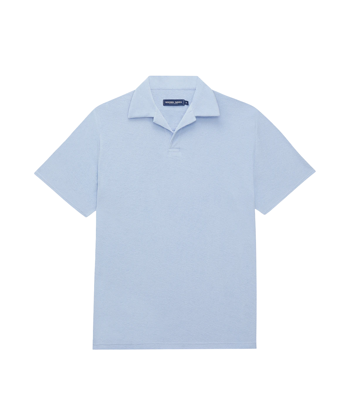 blue short sleeve cotton terry polo with an open collar and half placket.
