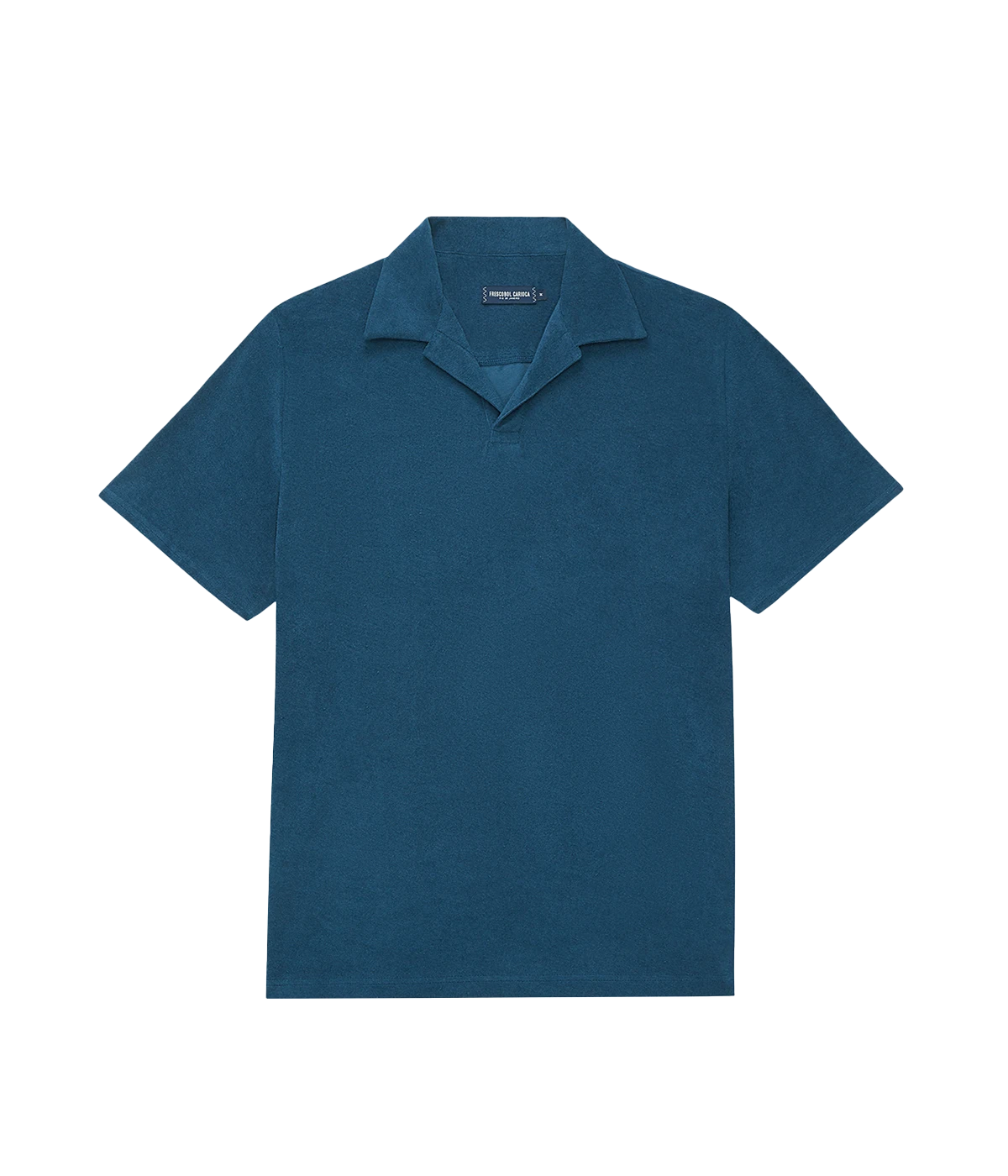Deep blue coloured short sleeve terry polo with an open collar an half placket.