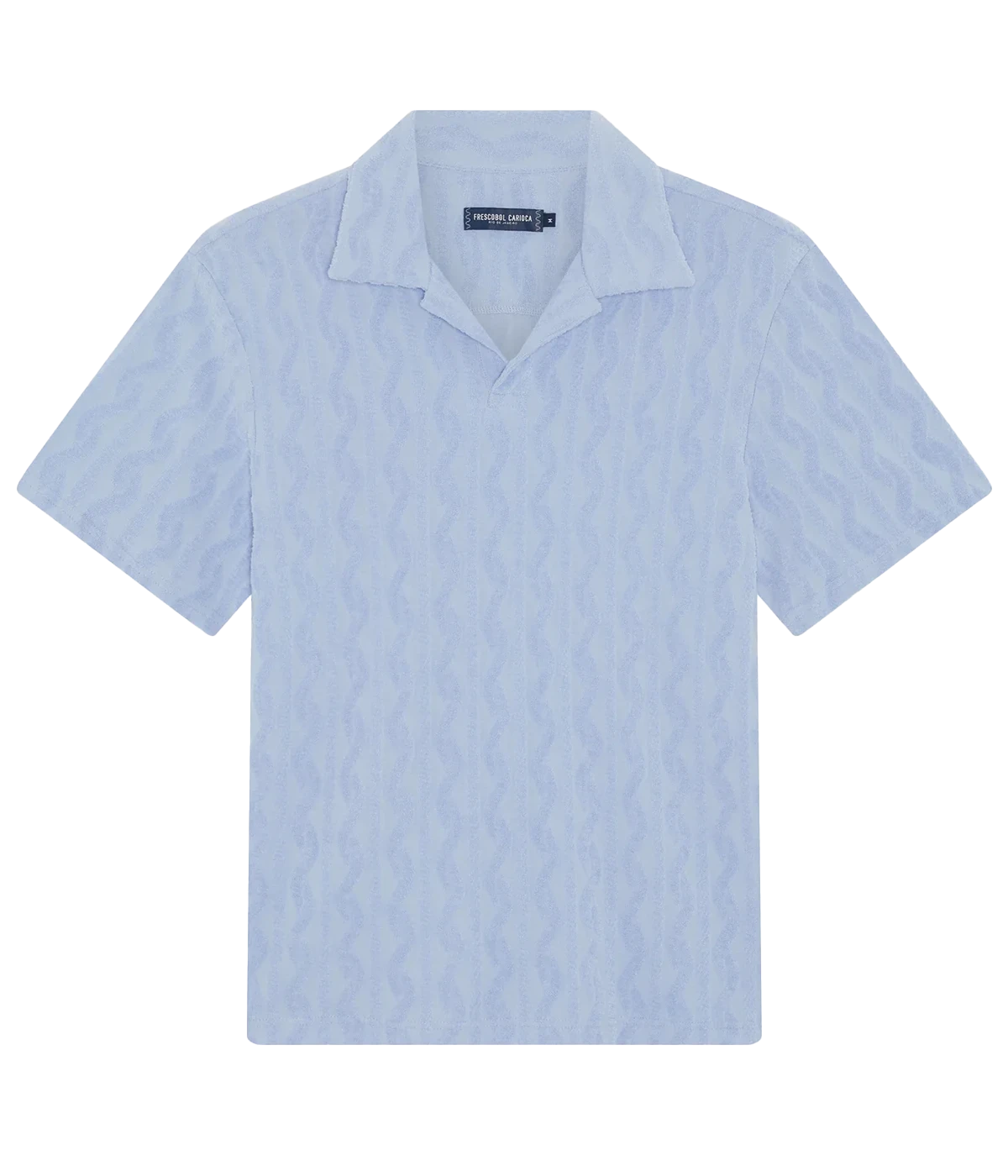 Faustino polo in organic Terry cotton with jacquard pattern, open camp collar, relaxed fit, and side slits. Buttonless collar for a modern twist.