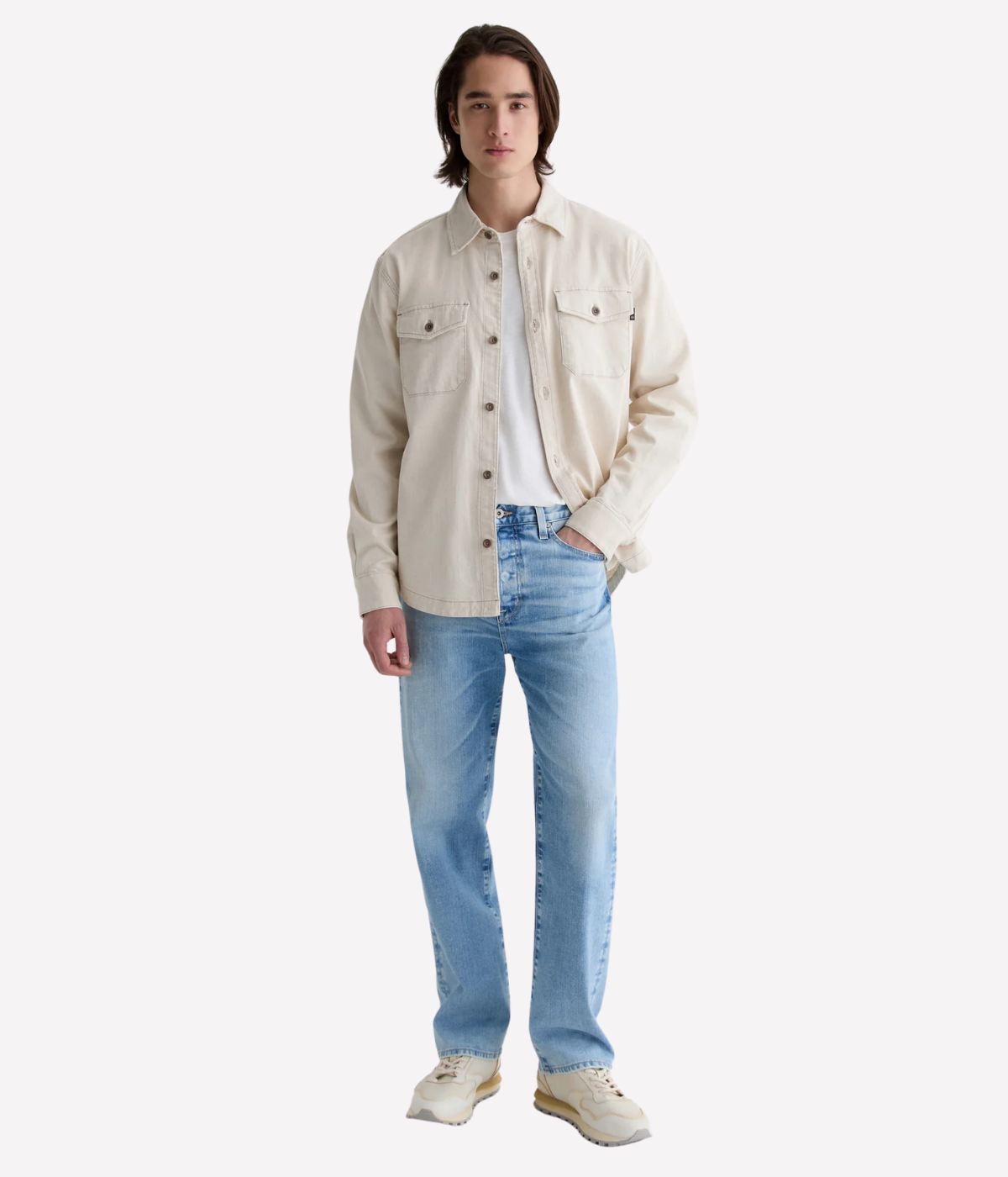 AG Felix Jean in Lobera light wash, featuring a vintage straight leg, button fly, and eco-friendly Vapor Wash™ finish on Japanese stretch denim.