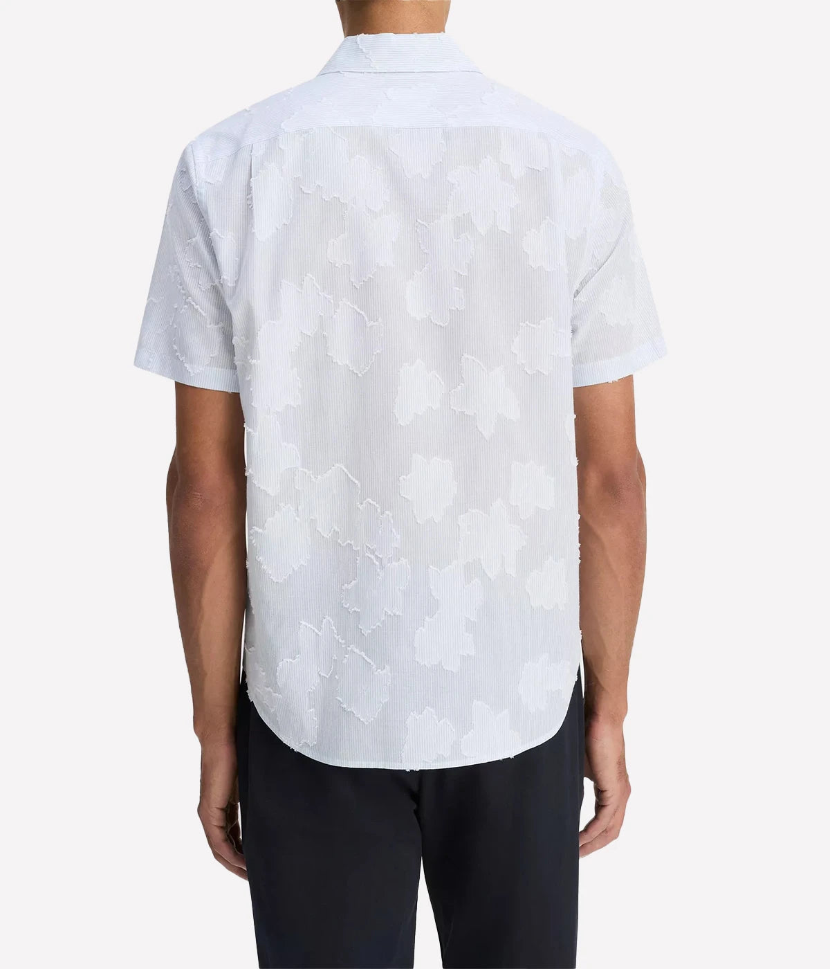 Vince men’s button-up shirt with fil coupé floral pattern layered on striped cotton, featuring a shirttail hem and pleated back.