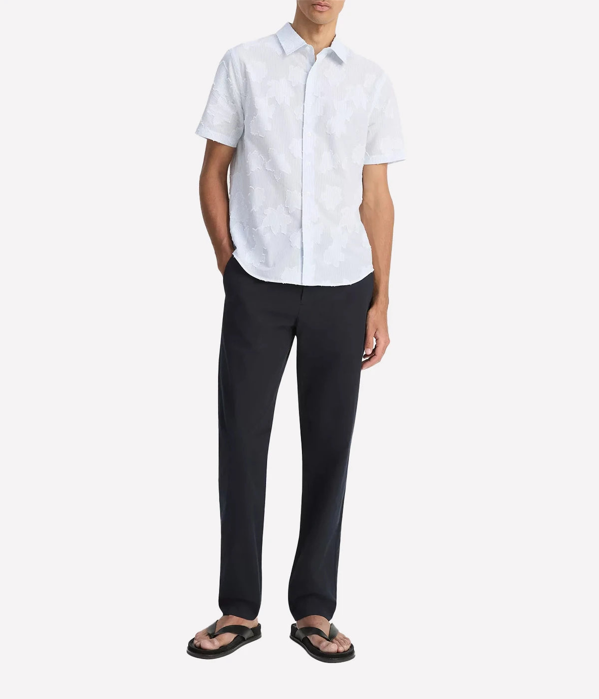 Vince men’s button-up shirt with fil coupé floral pattern layered on striped cotton, featuring a shirttail hem and pleated back.