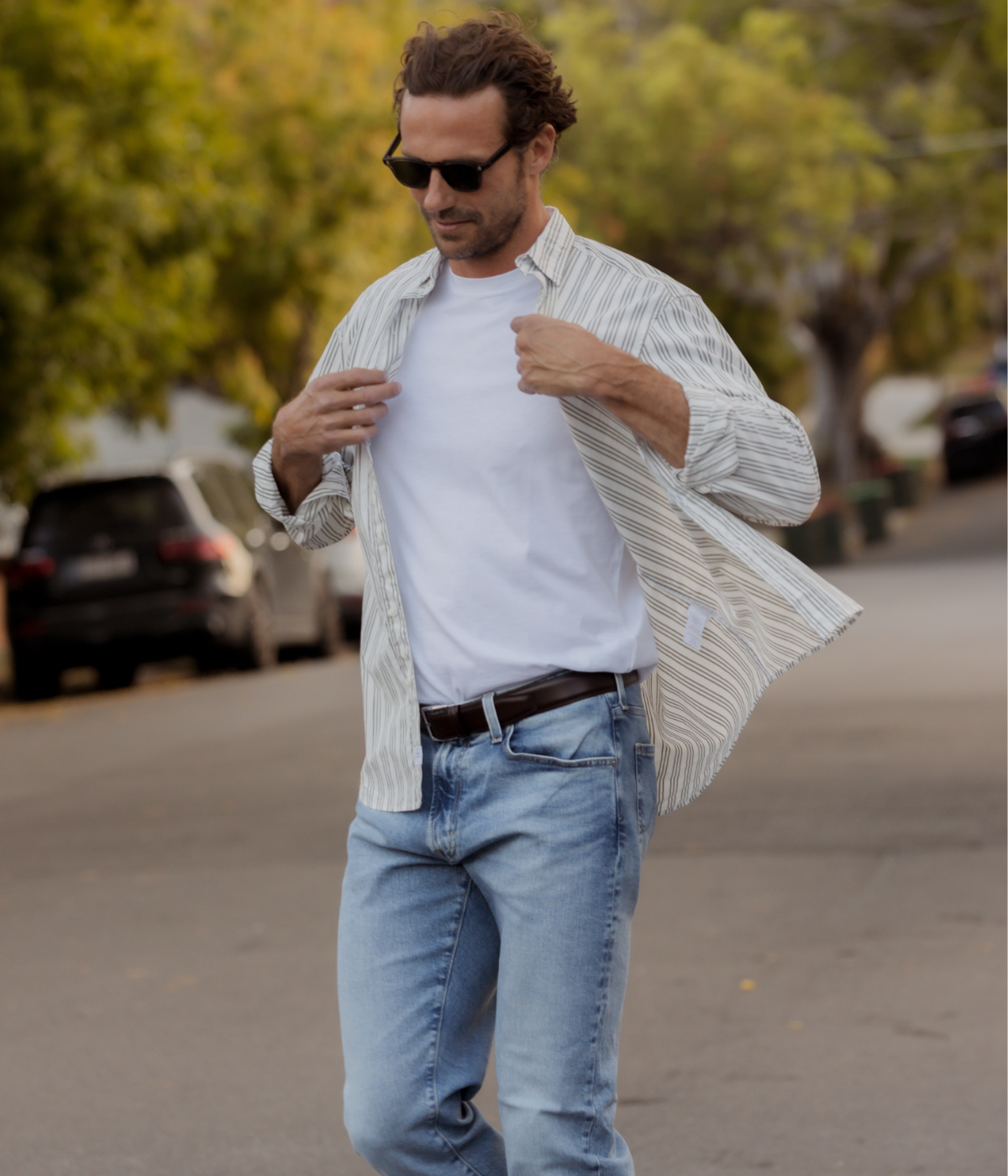 Finbar Woven Shirt in Army Green Beige Stripe