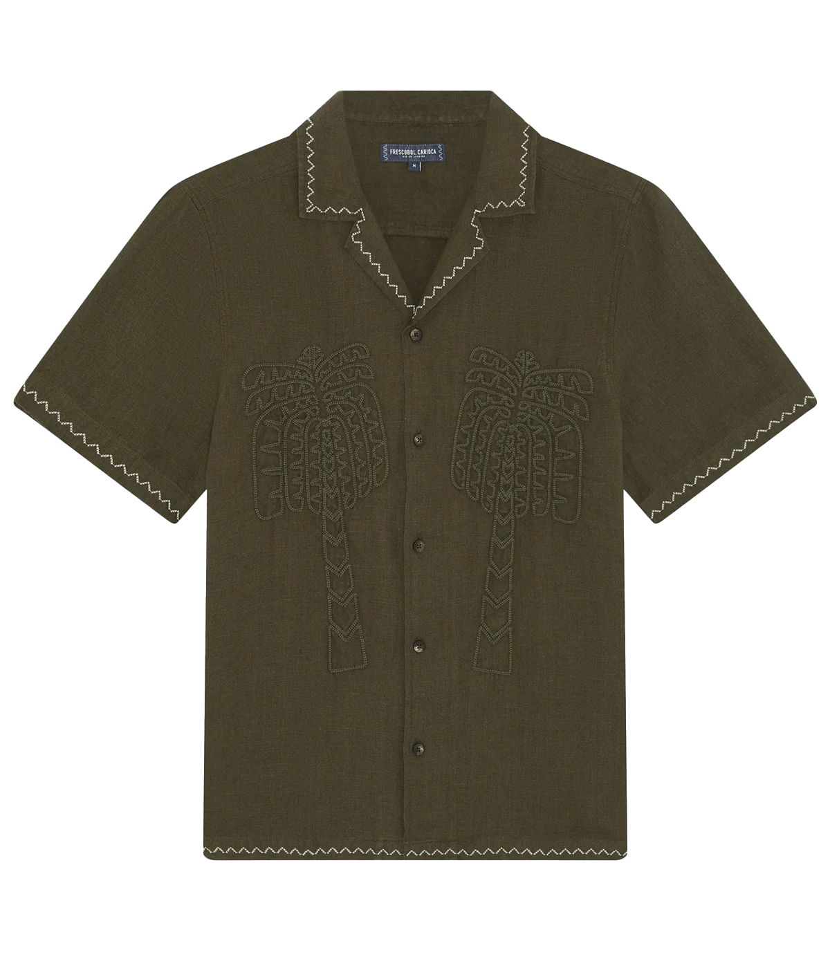 Flavio Linen Shirt with Palmeira embroidery, Copacabana-inspired stitching, and tonal frontal embroidery. Relaxed fit with camp collar and imitation stone buttons.