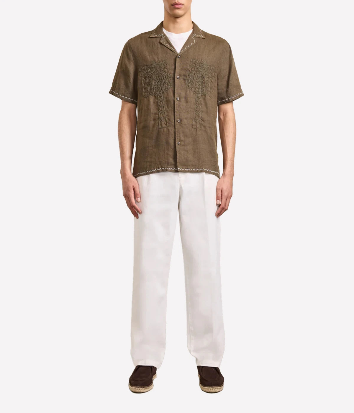 Flavio Linen Shirt with Palmeira embroidery, Copacabana-inspired stitching, and tonal frontal embroidery. Relaxed fit with camp collar and imitation stone buttons.