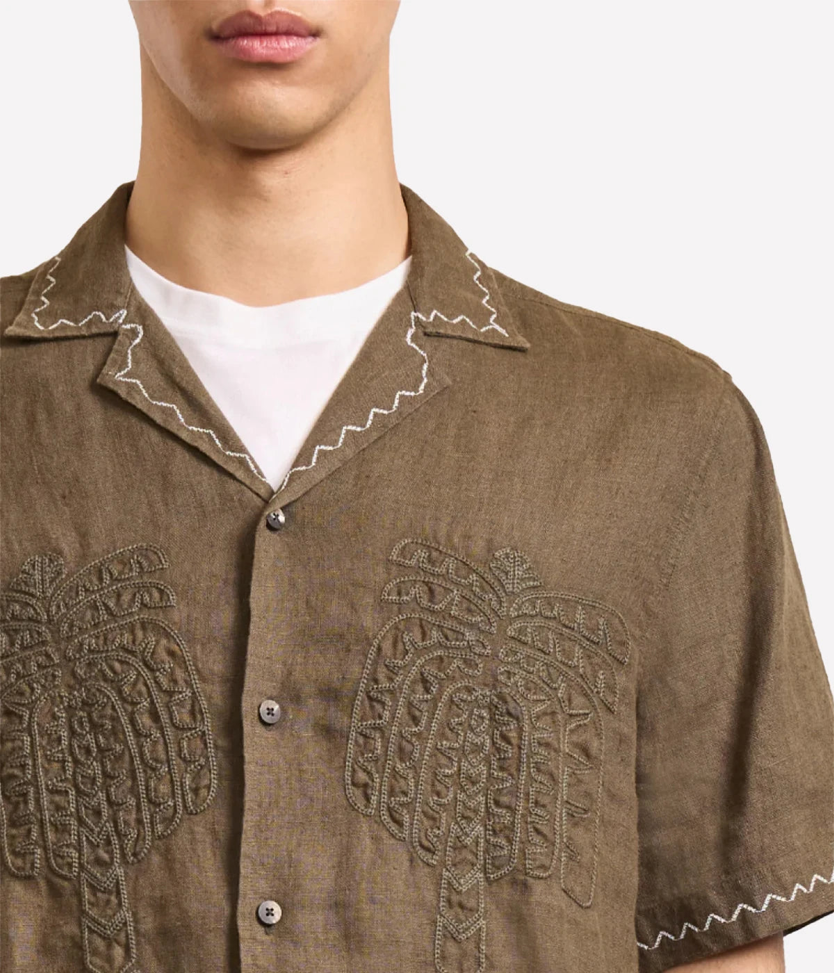 Flavio Linen Shirt with Palmeira embroidery, Copacabana-inspired stitching, and tonal frontal embroidery. Relaxed fit with camp collar and imitation stone buttons.