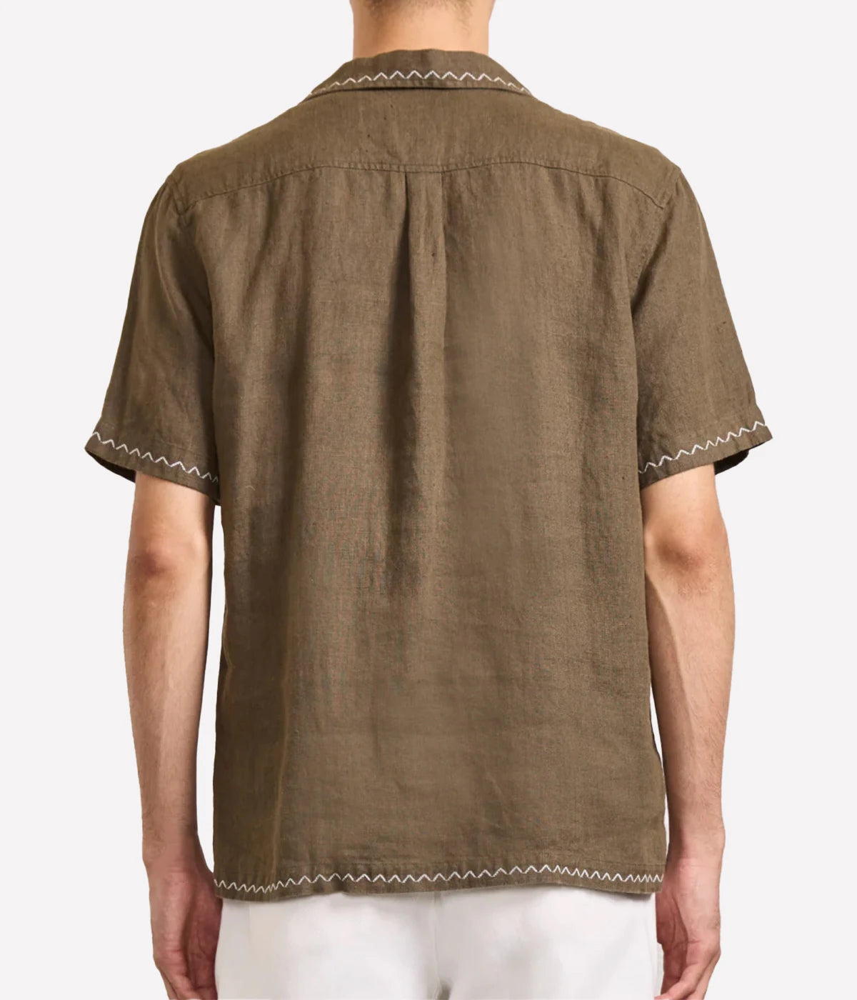 Flavio Linen Shirt with Palmeira embroidery, Copacabana-inspired stitching, and tonal frontal embroidery. Relaxed fit with camp collar and imitation stone buttons.