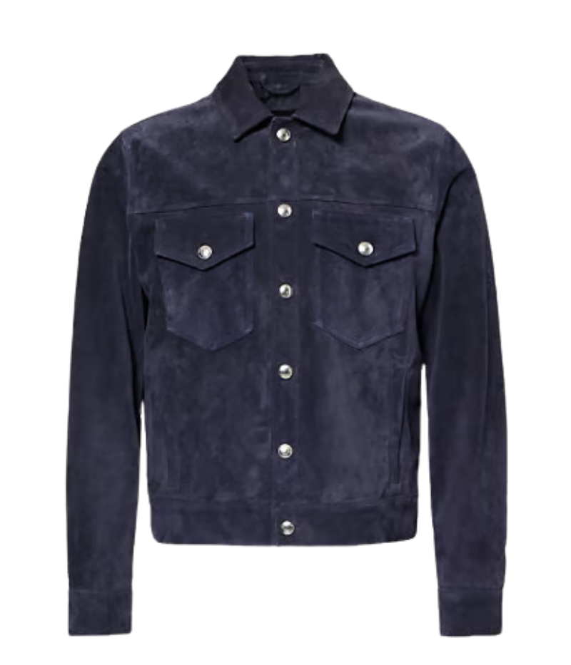 Eleventy Leather Trucker Jacket in navy blue – men’s Italian goat leather jacket with spread collar, popper closure, and front pockets in a deep blue tone