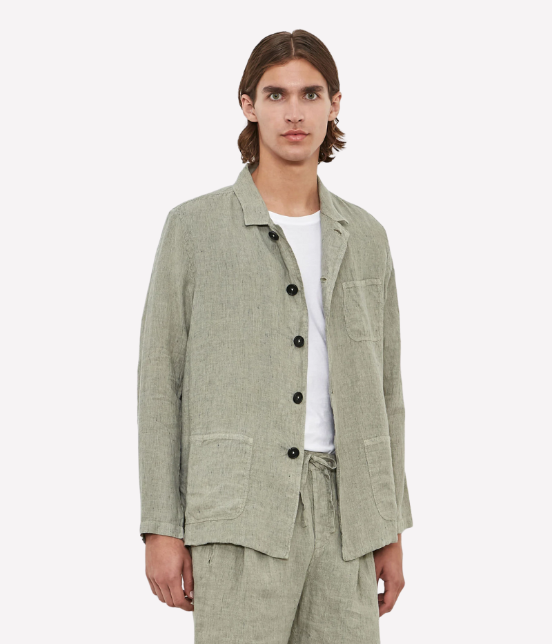 Striped linen shirt jacket with a single-breasted design, small lapels, and three patch pockets, made in Italy.