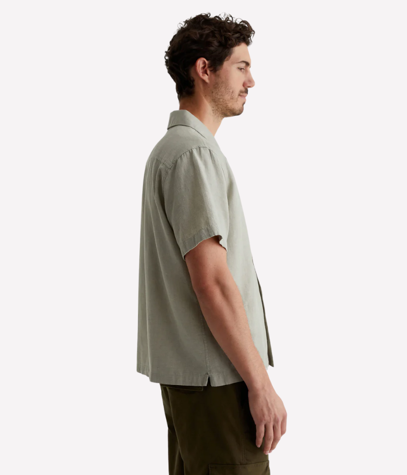 Foster Cabana Shirt in Neutral Green, Brushed Cotton-Hemp Blend, Camp Collar and Short Sleeves for Casual Comfort