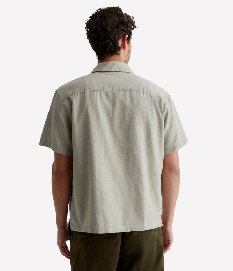Foster Cabana Shirt in Neutral Green, Brushed Cotton-Hemp Blend, Camp Collar and Short Sleeves for Casual Comfort