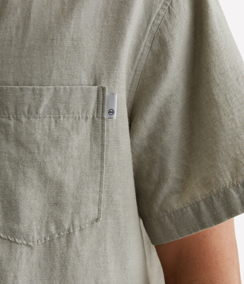 Foster Cabana Shirt in Neutral Green, Brushed Cotton-Hemp Blend, Camp Collar and Short Sleeves for Casual Comfort