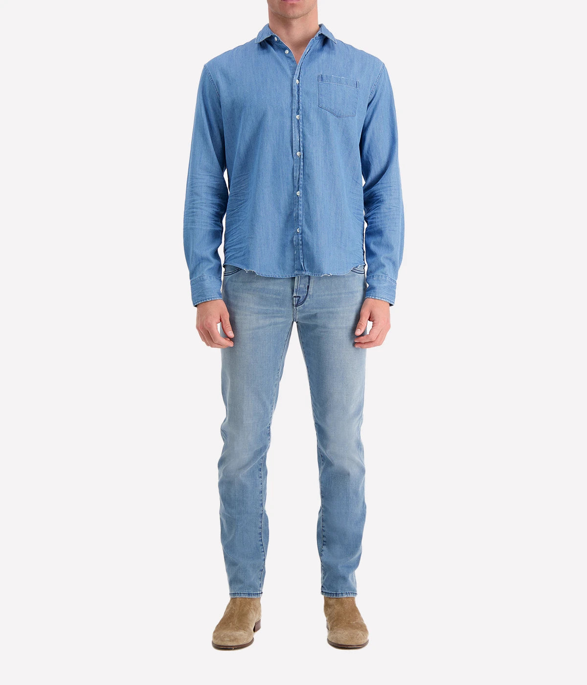 Frank & Eileen Luke shirt in stonewashed denim, featuring a classic button-up design with a relaxed fit, pointed collar, and signature chest pocket.