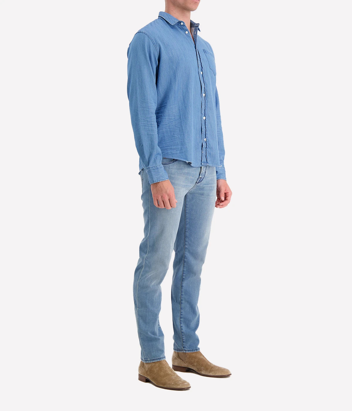 Frank & Eileen Luke shirt in stonewashed denim, featuring a classic button-up design with a relaxed fit, pointed collar, and signature chest pocket.