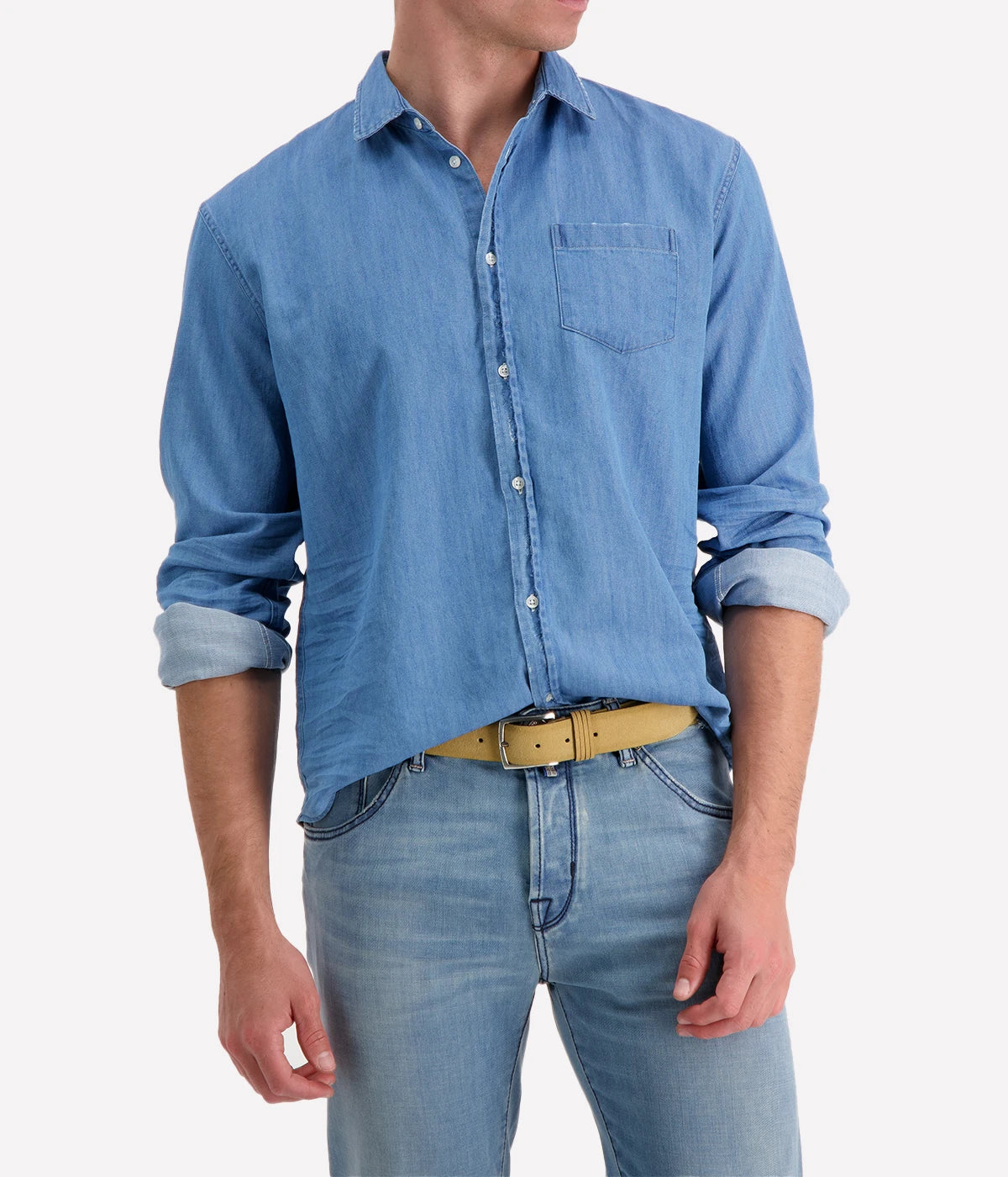 Frank & Eileen Luke shirt in stonewashed denim, featuring a classic button-up design with a relaxed fit, pointed collar, and signature chest pocket.