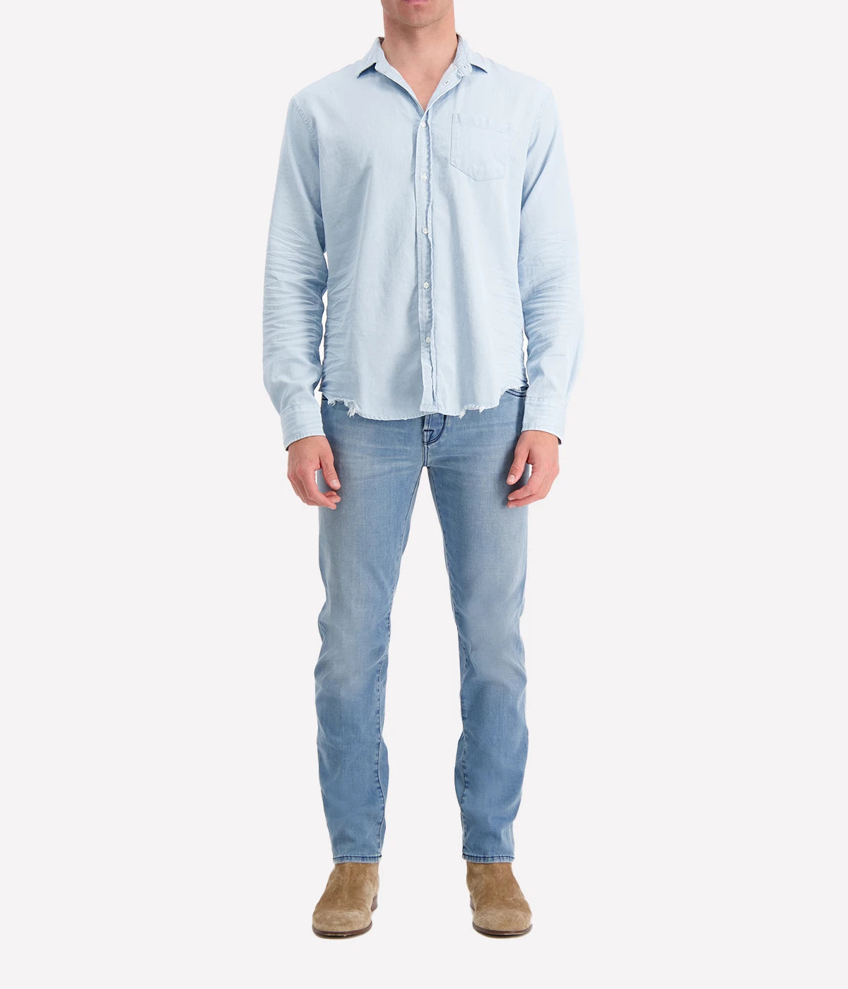 Frank + Eileen Luke Woven Button-Up Shirt in denim blue, made from lightweight 100% cotton for breathable comfort and versatile everyday wear.
