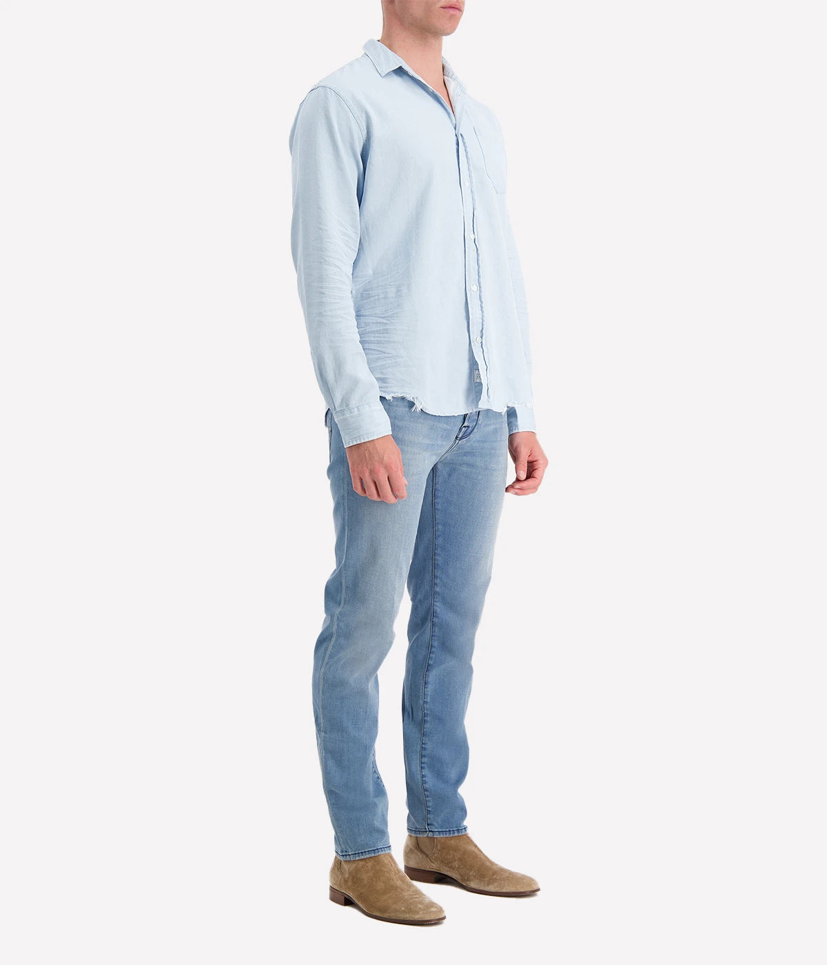 Frank + Eileen Luke Woven Button-Up Shirt in denim blue, made from lightweight 100% cotton for breathable comfort and versatile everyday wear.
