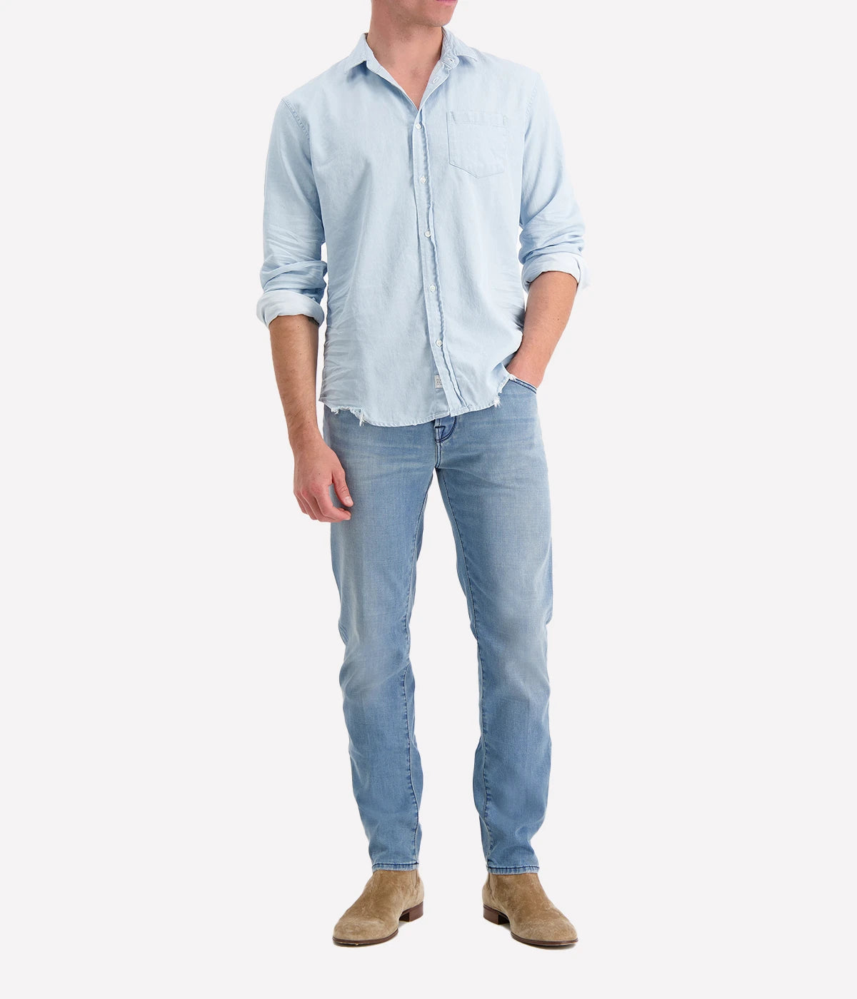 Frank + Eileen Luke Woven Button-Up Shirt in denim blue, made from lightweight 100% cotton for breathable comfort and versatile everyday wear.