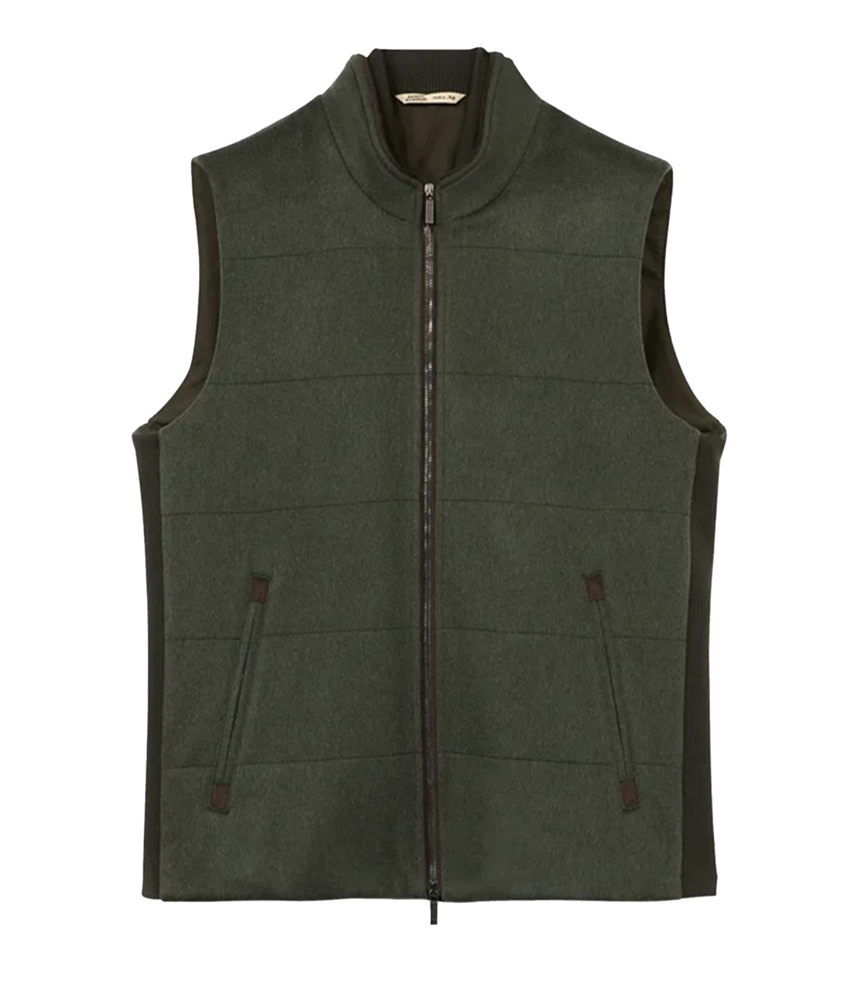 Front product view of Maurizio Baldassari Arena Quilted Wool Vest in Dark Olive