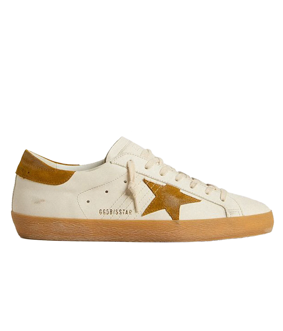 Golden Goose Superstar sneakers with white leather upper, tan suede star and heel tab, and retro-inspired gum sole. Made in Italy.