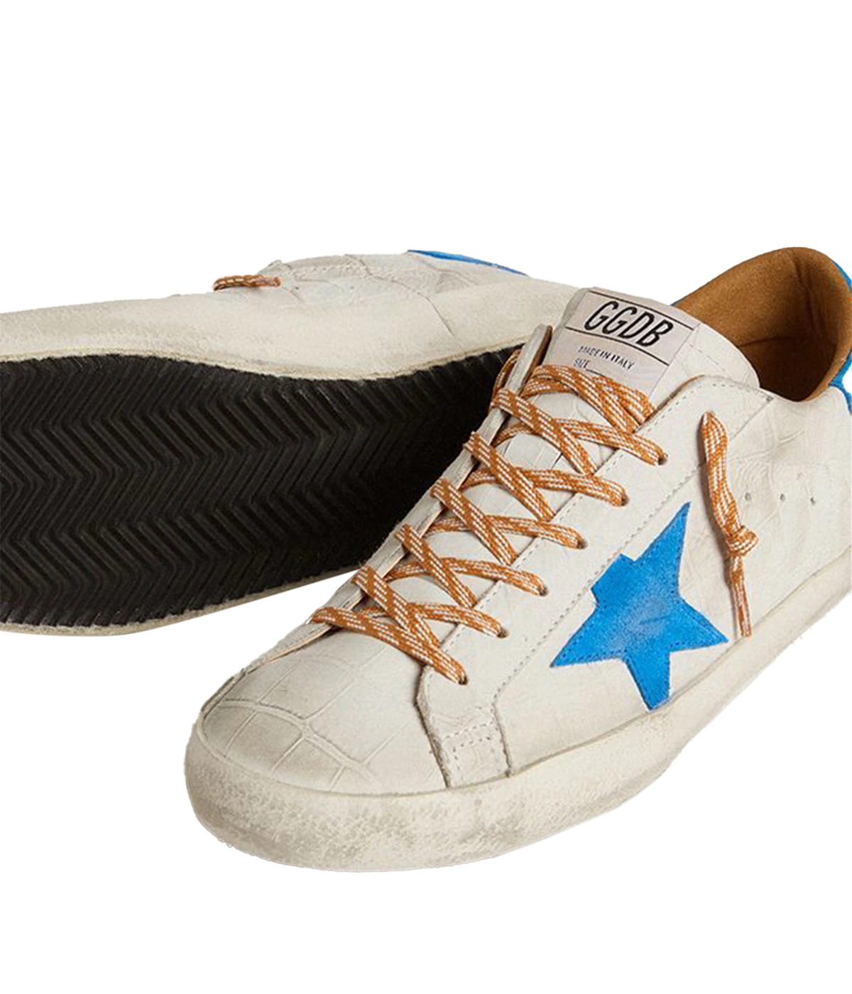 Golden Goose Superstar sneakers with white crocodile-embossed leather, blue suede star and heel tab, and distressed detailing. Made in Italy.