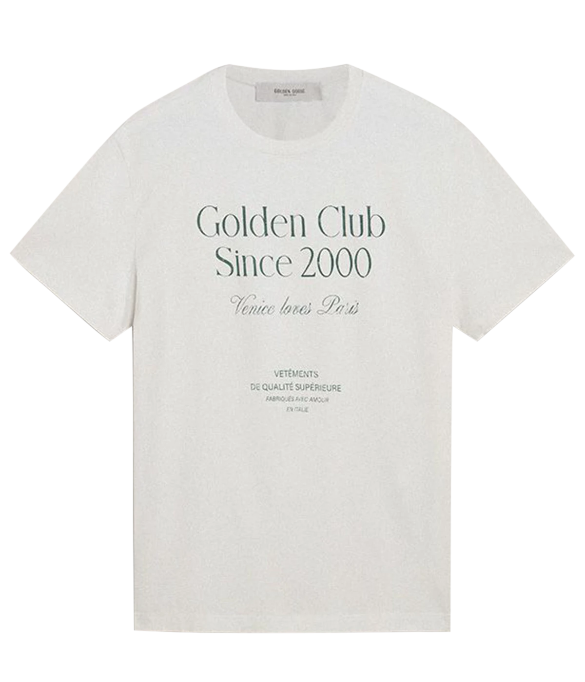 White short-sleeve tee with green ‘Golden Club Since 2000’ print and star detail on back, made from soft cotton.