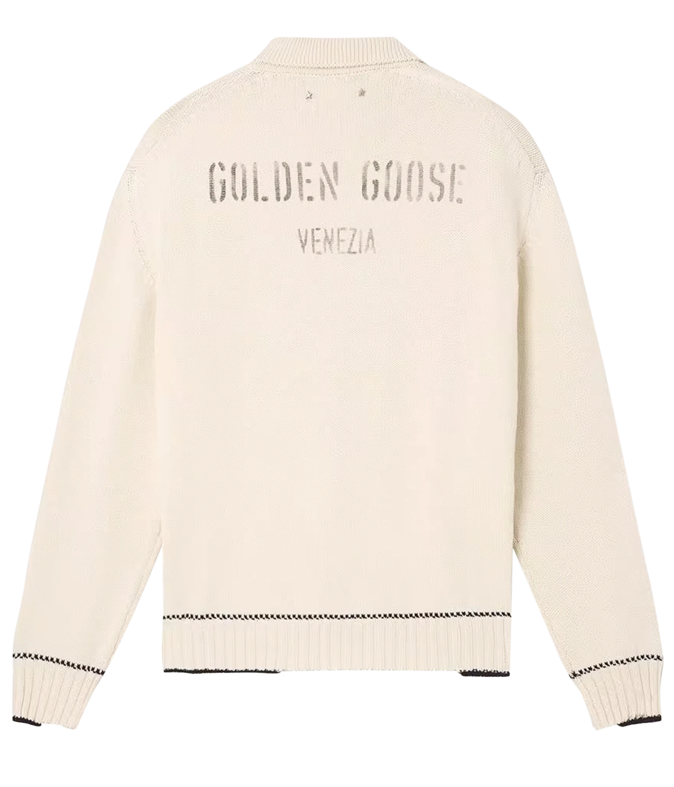 An off-white knit sweater shown from the back, featuring 'GOLDEN GOOSE VENEZIA' printed in a dark gray tone across the upper back, with ribbed cuffs and hem.