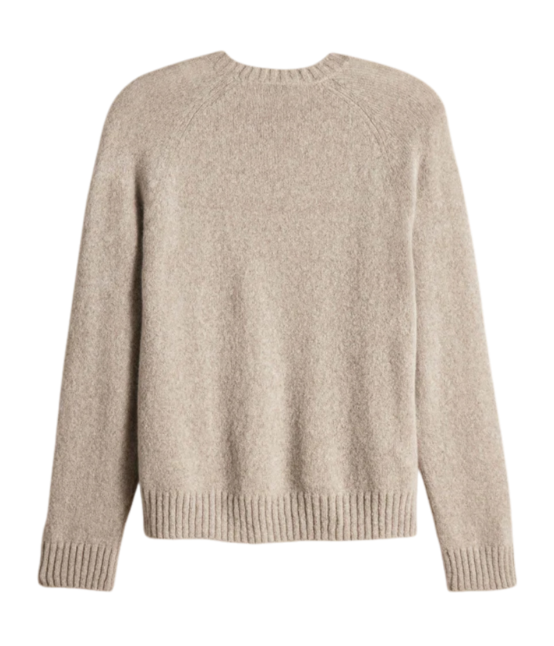 A soft, lightweight cashmere crewneck sweater in hazel brown, featuring ribbed detailing at the neckline, cuffs, and hem for a timeless and polished design.