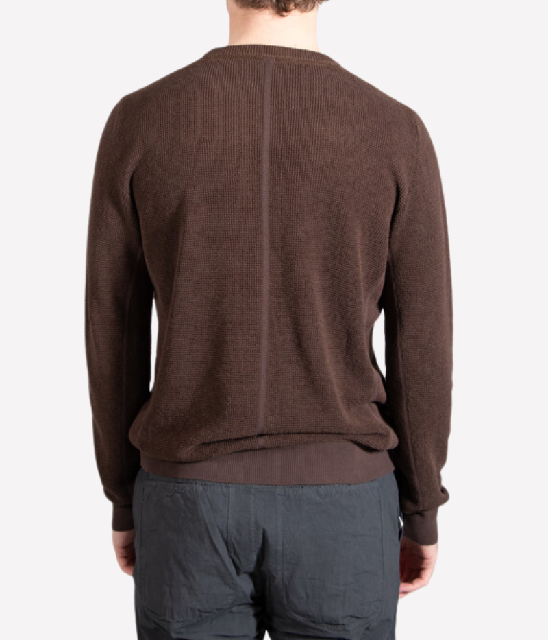 Chocolate brown fine-grid knit sweater by Roberto Collina, made from a breathable cotton-linen blend with a lightweight finish.