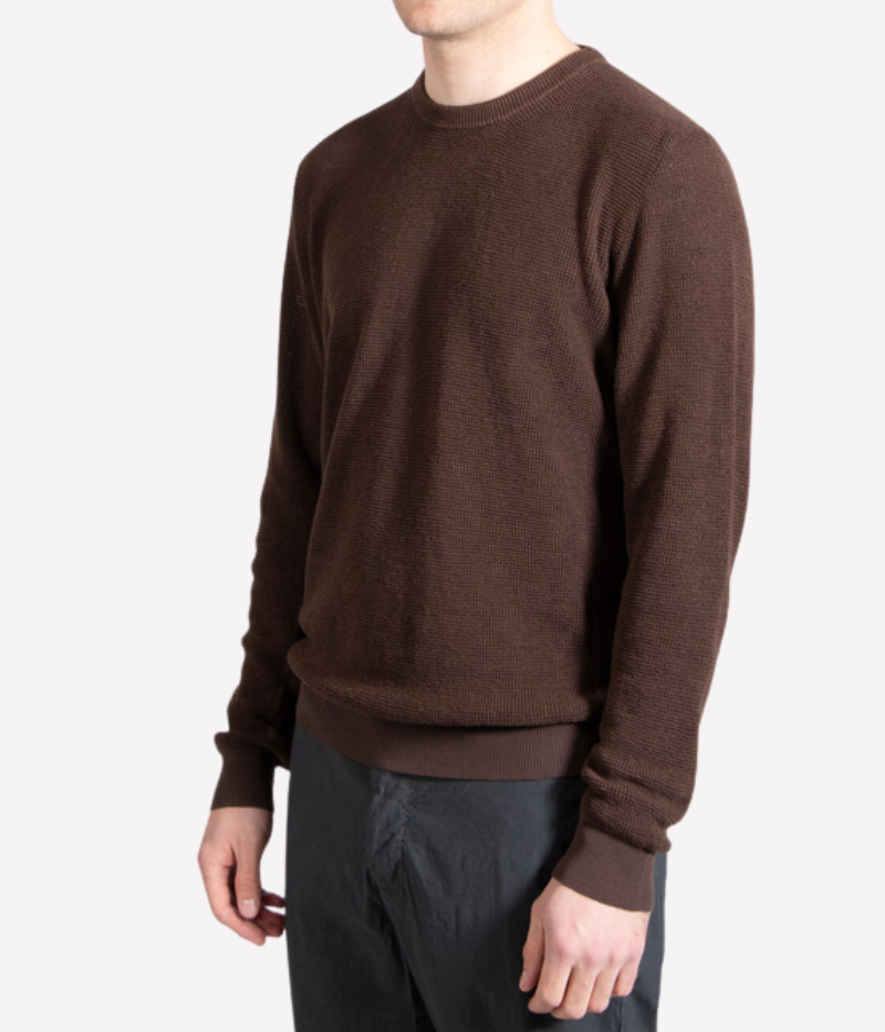 Chocolate brown fine-grid knit sweater by Roberto Collina, made from a breathable cotton-linen blend with a lightweight finish.