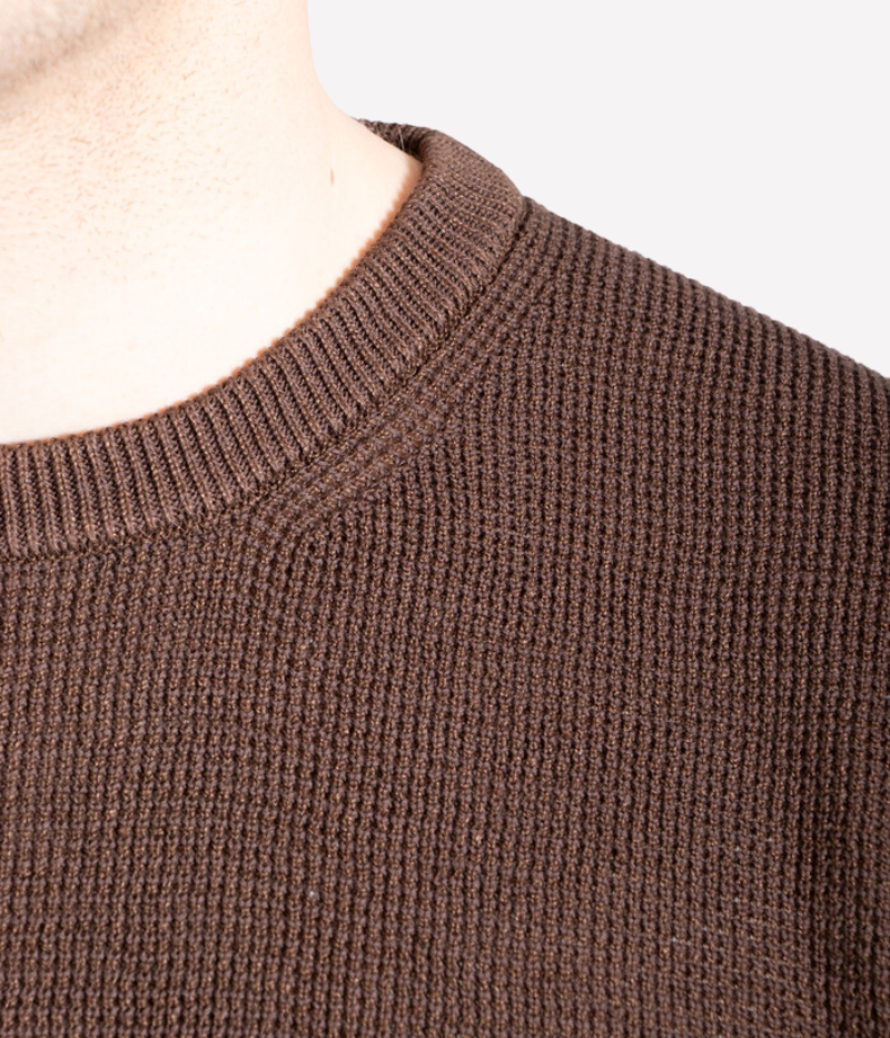 Chocolate brown fine-grid knit sweater by Roberto Collina, made from a breathable cotton-linen blend with a lightweight finish.
