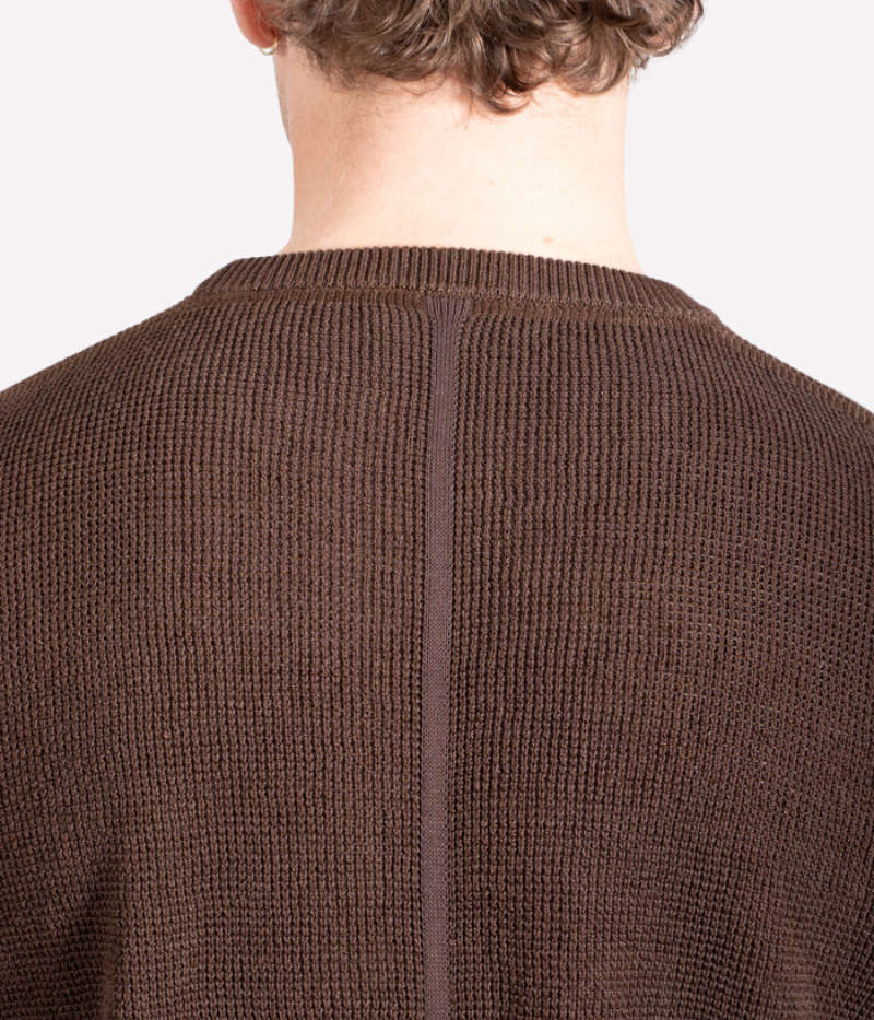 Chocolate brown fine-grid knit sweater by Roberto Collina, made from a breathable cotton-linen blend with a lightweight finish.