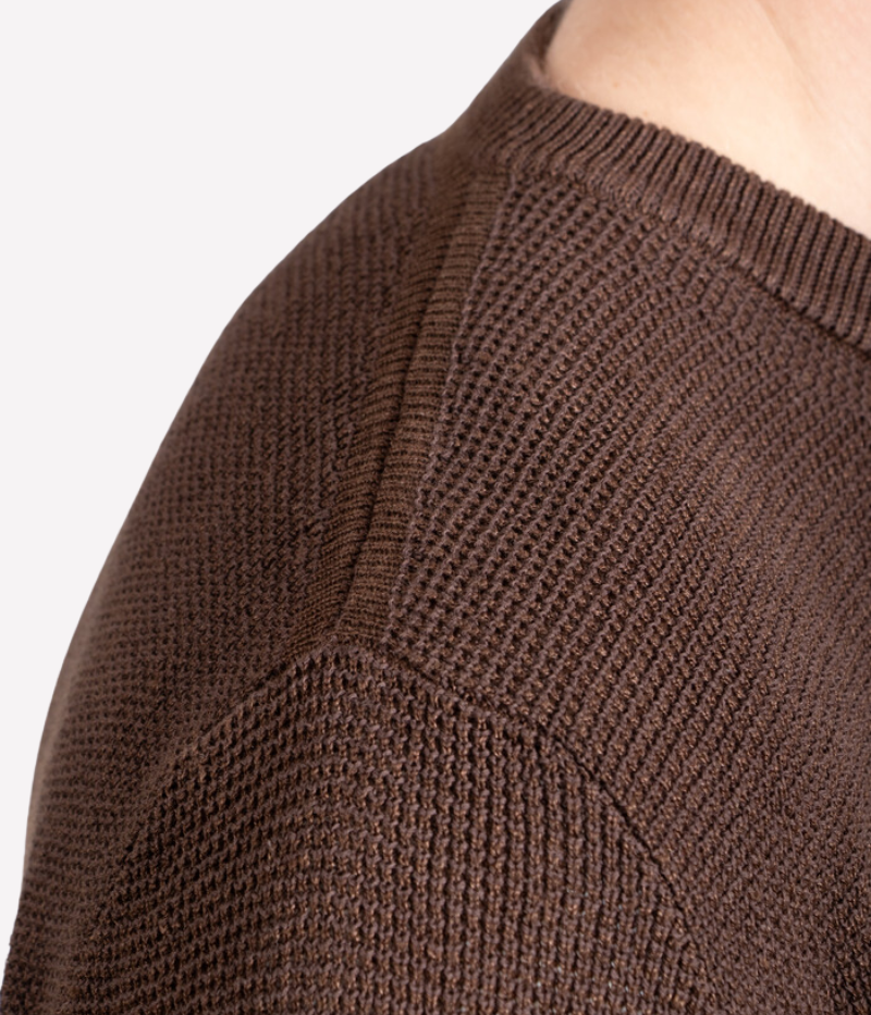 Chocolate brown fine-grid knit sweater by Roberto Collina, made from a breathable cotton-linen blend with a lightweight finish.