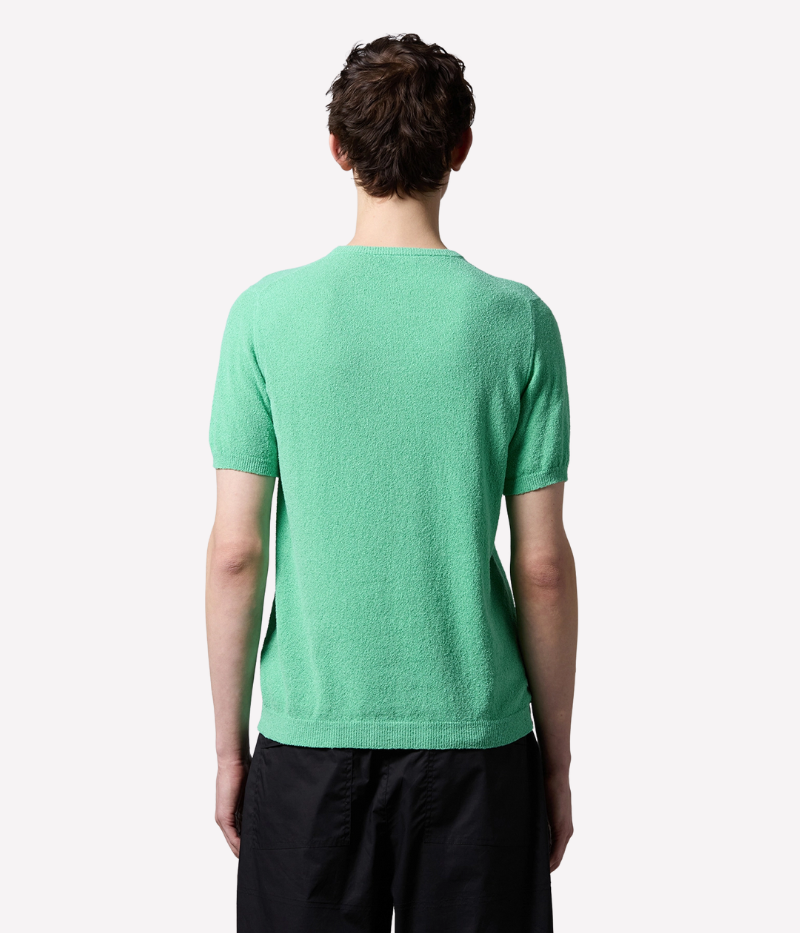 Green spongy-knit t-shirt with ribbed collar and cuffs, offering a sporty yet refined look in a soft cotton blend.