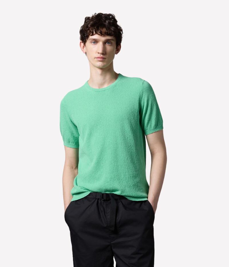 Green spongy-knit t-shirt with ribbed collar and cuffs, offering a sporty yet refined look in a soft cotton blend.