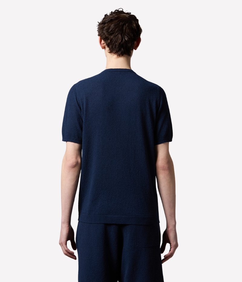 Classic navy spongy-knit t-shirt featuring ribbed edges and a breathable, structured feel for elevated everyday wear.
