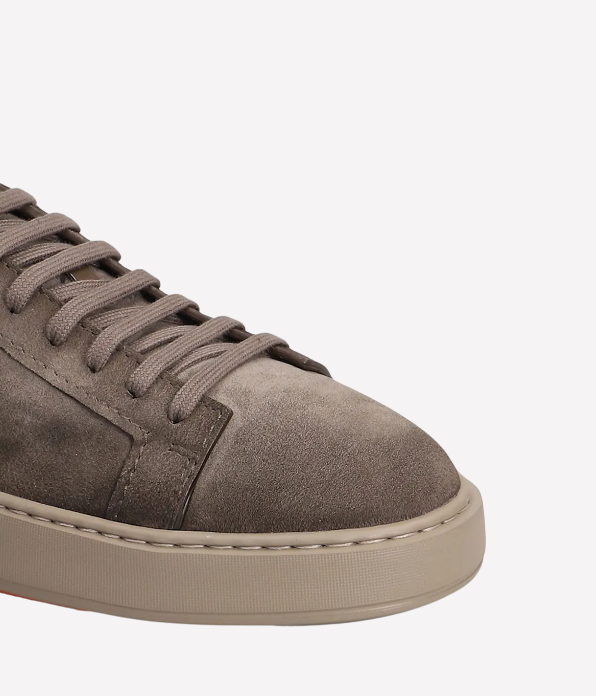 Godfrey brown suede sneakers with round toe, lace-up front, embossed logo, and iconic coloured sole, made in Italy