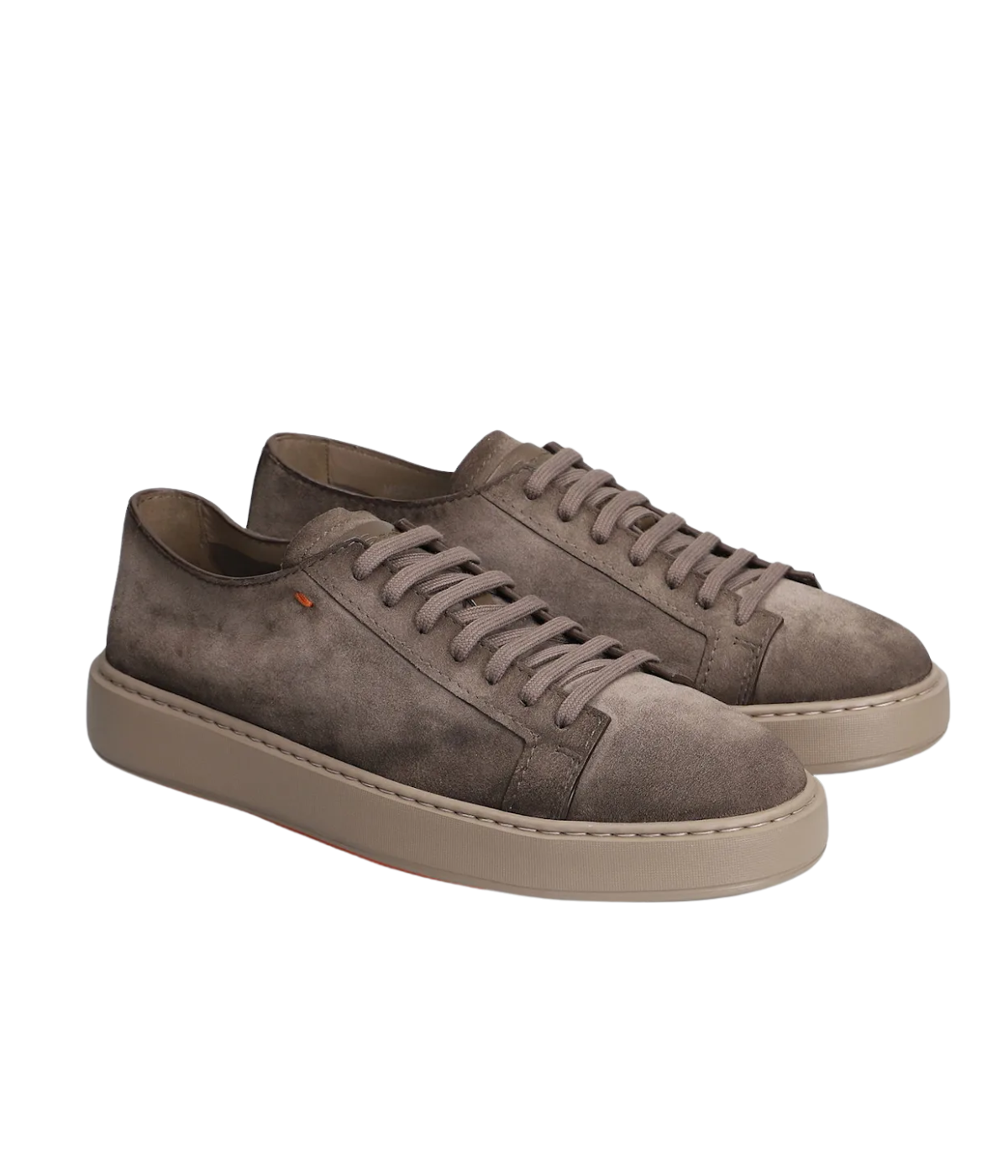 Godfrey brown suede sneakers with round toe, lace-up front, embossed logo, and iconic coloured sole, made in Italy
