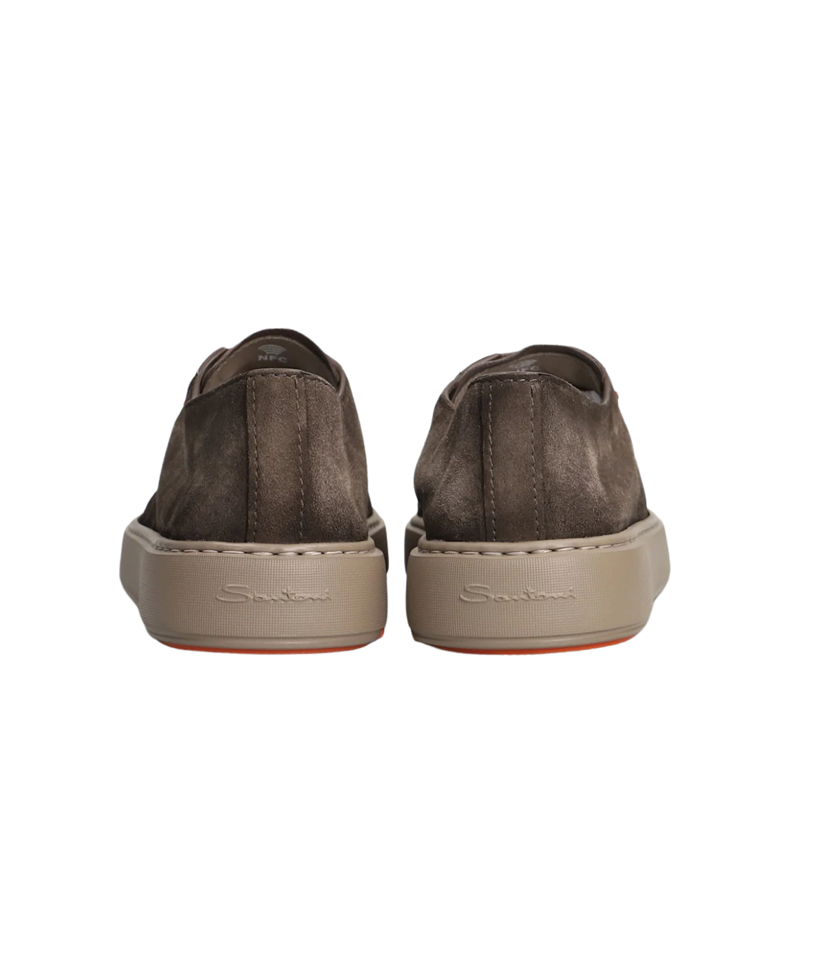 Godfrey brown suede sneakers with round toe, lace-up front, embossed logo, and iconic coloured sole, made in Italy