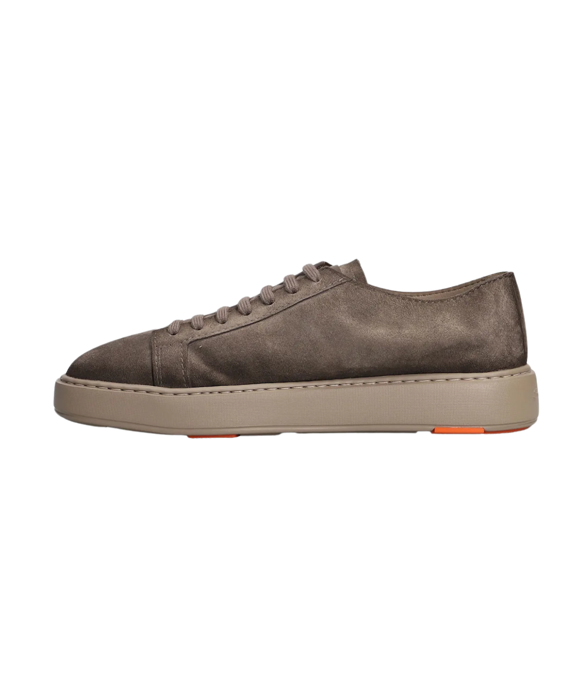 Godfrey brown suede sneakers with round toe, lace-up front, embossed logo, and iconic coloured sole, made in Italy