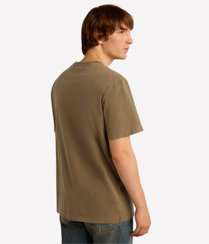 Golden Goose olive-green T-shirt with distressed effect, tone-on-tone Golden lettering, and double gold star on the back, crafted from pure cotton.