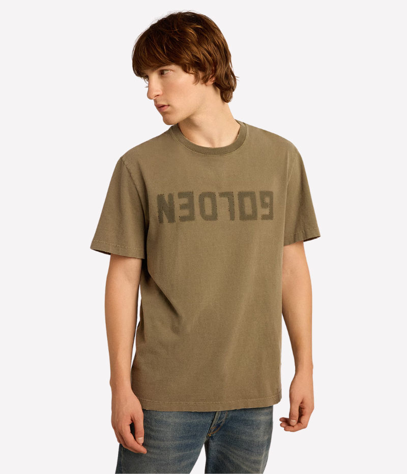 Golden Goose olive-green T-shirt with distressed effect, tone-on-tone Golden lettering, and double gold star on the back, crafted from pure cotton.