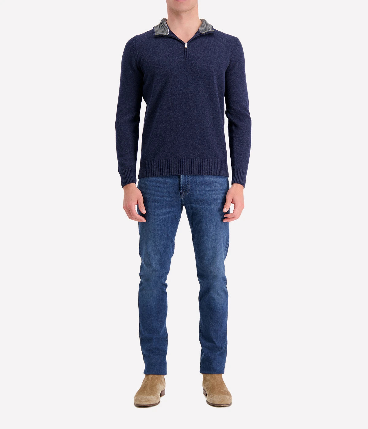 A classic mock zip sweater in 100% virgin wool, showcasing a sleek design and Italian craftsmanship, perfect for layering or standalone wear.