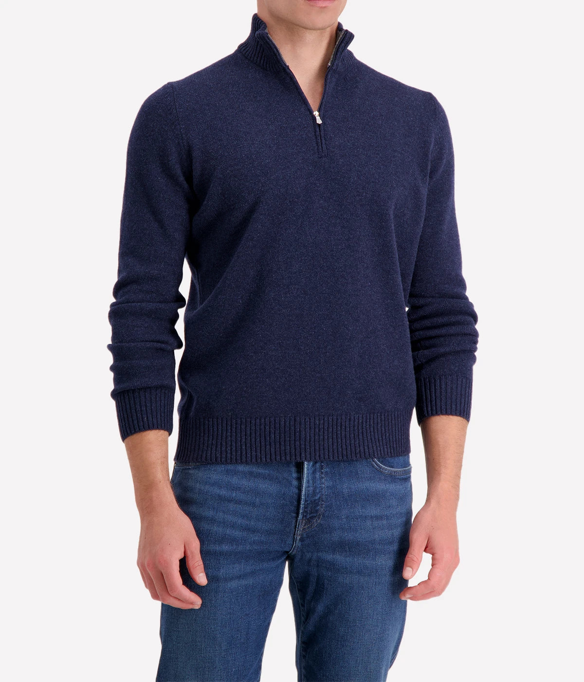 A classic mock zip sweater in 100% virgin wool, showcasing a sleek design and Italian craftsmanship, perfect for layering or standalone wear.