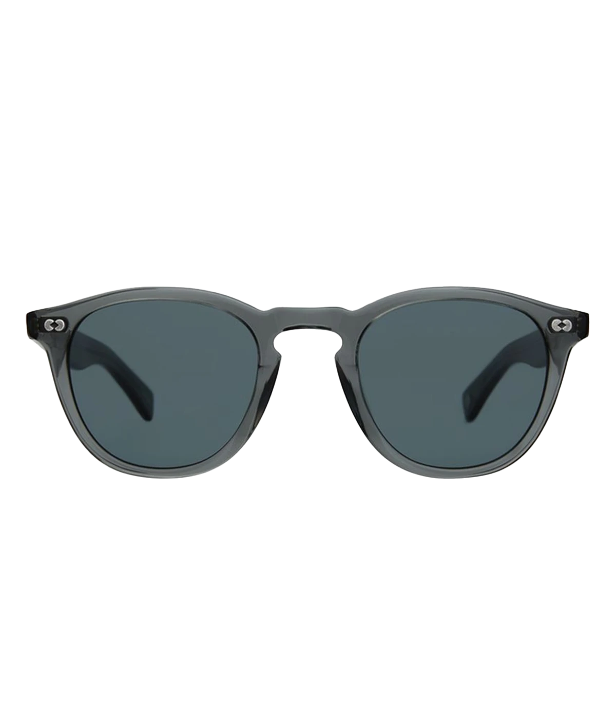 Thick acetate sunglasses with stainless steel wire core and cured cellulose grey frame. Features blue smoke lenses for UV protection and stylish design. Durable and comfortable fit.