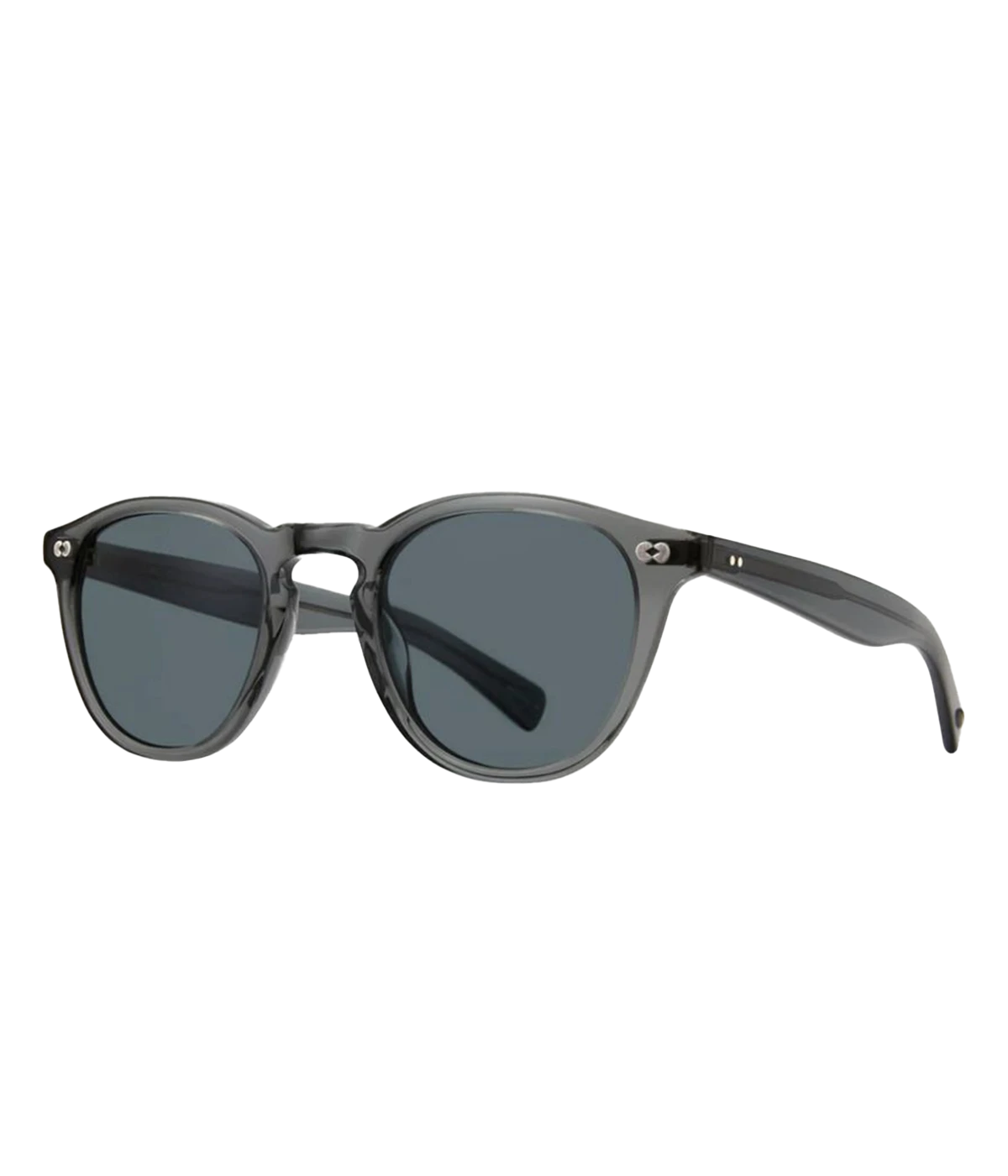 Thick acetate sunglasses with stainless steel wire core and cured cellulose grey frame. Features blue smoke lenses for UV protection and stylish design. Durable and comfortable fit.