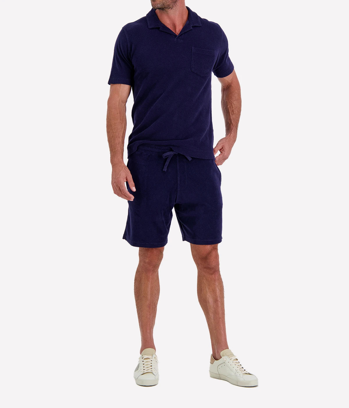 Men Knitted Bouclette Polo in Marine Blue